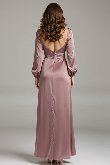 Vintage Mauve V-Neck Satin Long Sleeves Formal Dress with Slit