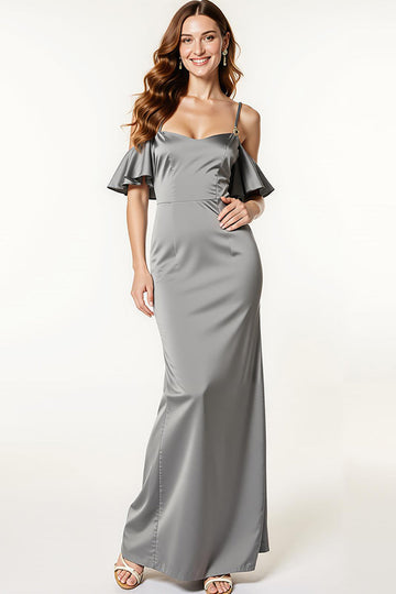 Steel Grey Satin Cold Shoulder Mermaid Long Formal Dress