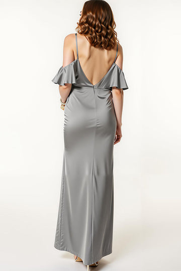 Steel Grey Satin Cold Shoulder Mermaid Long Formal Dress