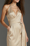 Champagne Satin Halter Sheath Long Formal Dress with Pockets