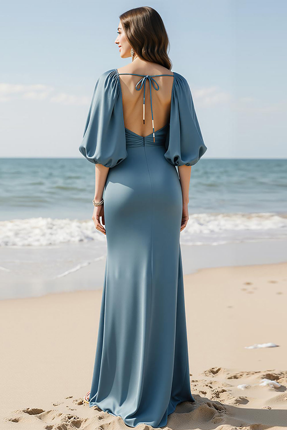 Sky Blue V-Neck Satin Sheath Long Formal Dress with Slit