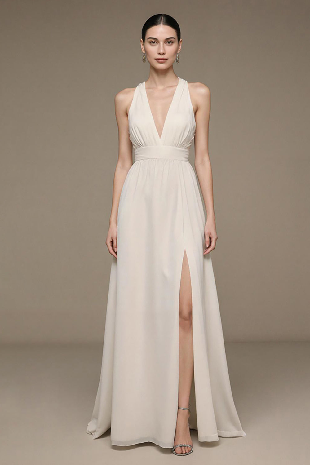 V-Neck Ivory A Line Long Formal Dress with Slit