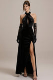 Black Halter Lace A Line Long Pageant Dress with Slit