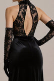Black Halter Lace A Line Long Pageant Dress with Slit