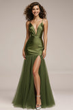 Green Mermaid V Neck Pageant Dress with Slit