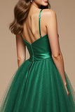 Green Spaghetti Straps A-Line Long Pageant Dress