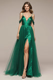 Cold Shoulder Green A-Line Satin Pageant Dress with Slit