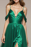 Cold Shoulder Green A-Line Satin Pageant Dress with Slit