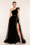Black One Shoulder A-Line Pageant Dress with Slit