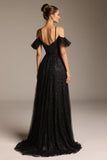 Sparkly Black Cold Shoulder A-Line Tulle Pageant Dress