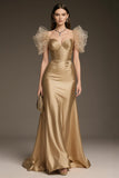 Sparkly Gold A-Line Satin Ruffled Long Pageant Dress