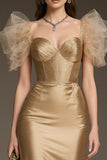 Sparkly Gold A-Line Satin Ruffled Long Pageant Dress