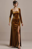 Twilight Sheath Velvet Square Neck Long Black Tie Dress with Slit