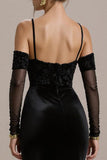 Black Mermaid Cold Shoulder Long Black Tie Dress with Appliques