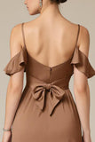 Terracotta Ruffled Satin Cold Shoulder Long Black Tie Dress with Slit