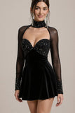 Sparkly Black Velvet Beaded A Line Short Cocktail Dress with Sleeves