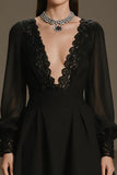 Black Chiffon Deep V-Neck A Line Short Cocktail Dress with Sleeves