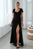 Black A Line Short Sleeve Bridesmaid Dress with Slit