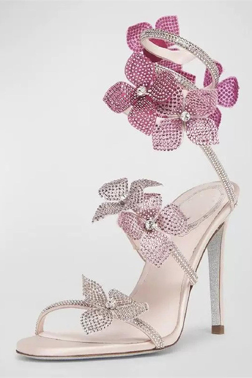 Sparkly Pink Beaded Strappy Stiletto Heel Sandals with 3D Flowers