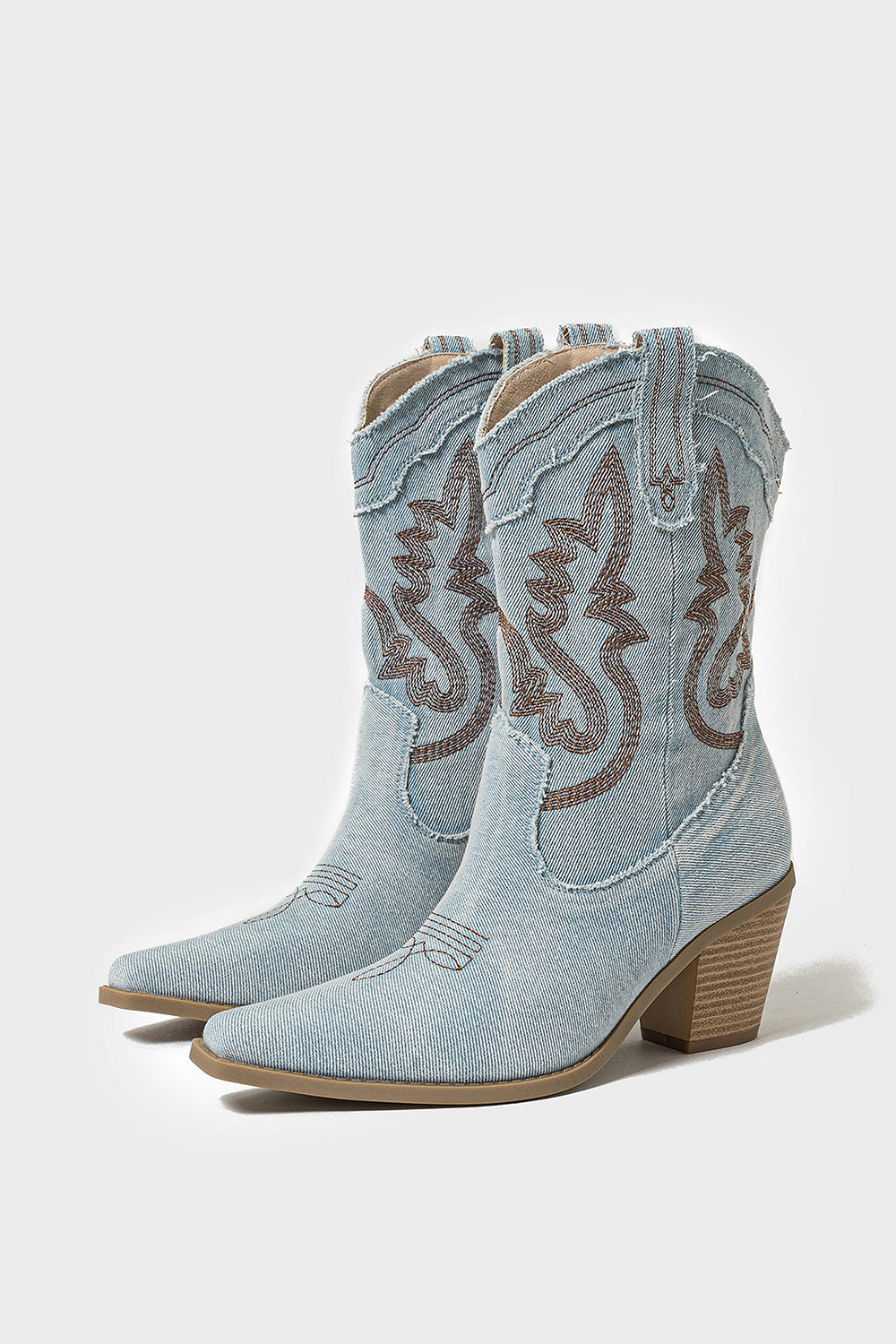 Dark Blue Wide Calf Pointed Toe Chunky Heel Embroidered Cowgirl Boots