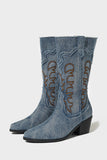 Dark Blue Pointed Toe Mid Calf Chunky Heel Embroidered Cowgirl Boots