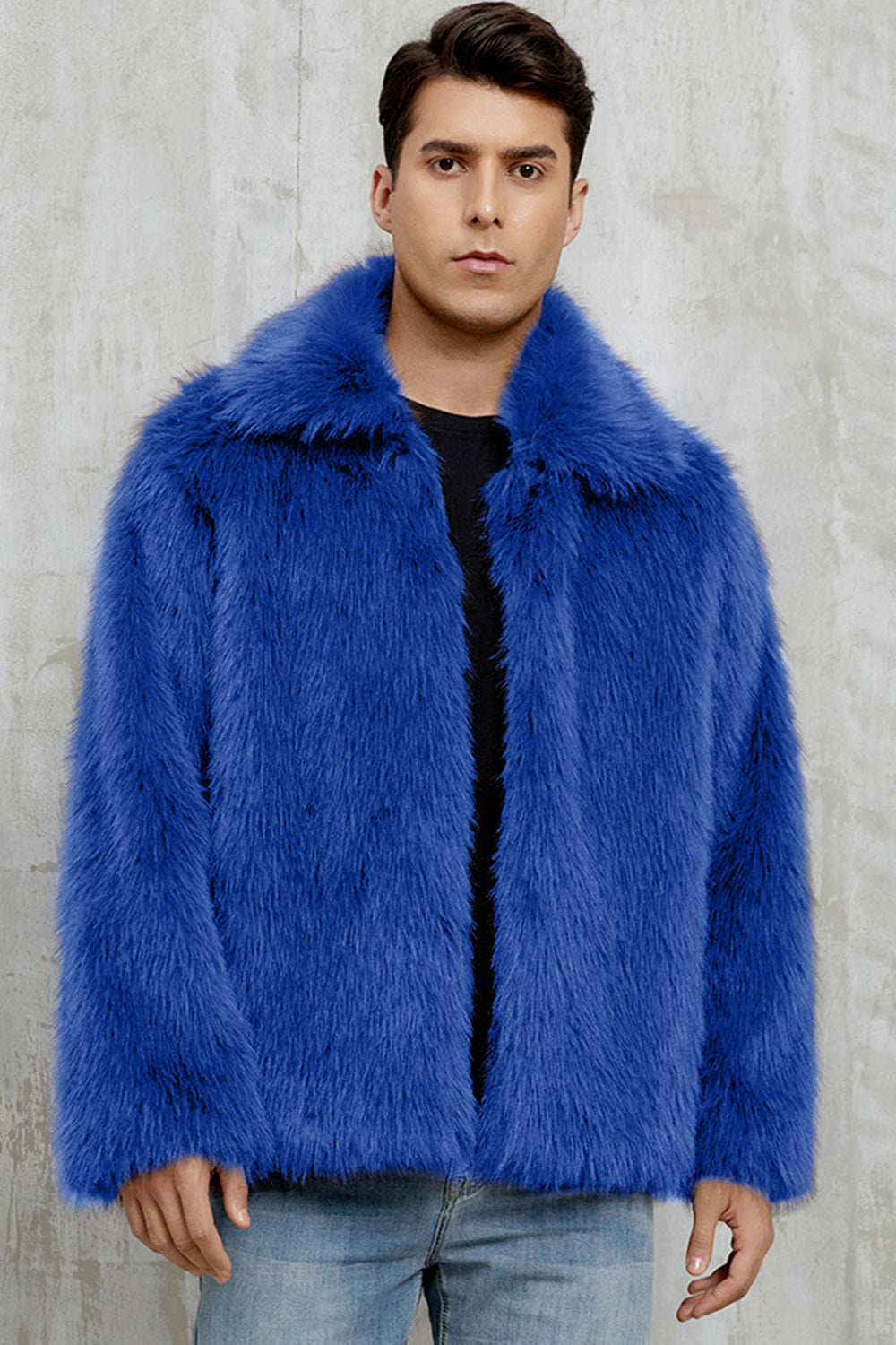 Black Fluffy Faux Fur Short Winter Men's Coat