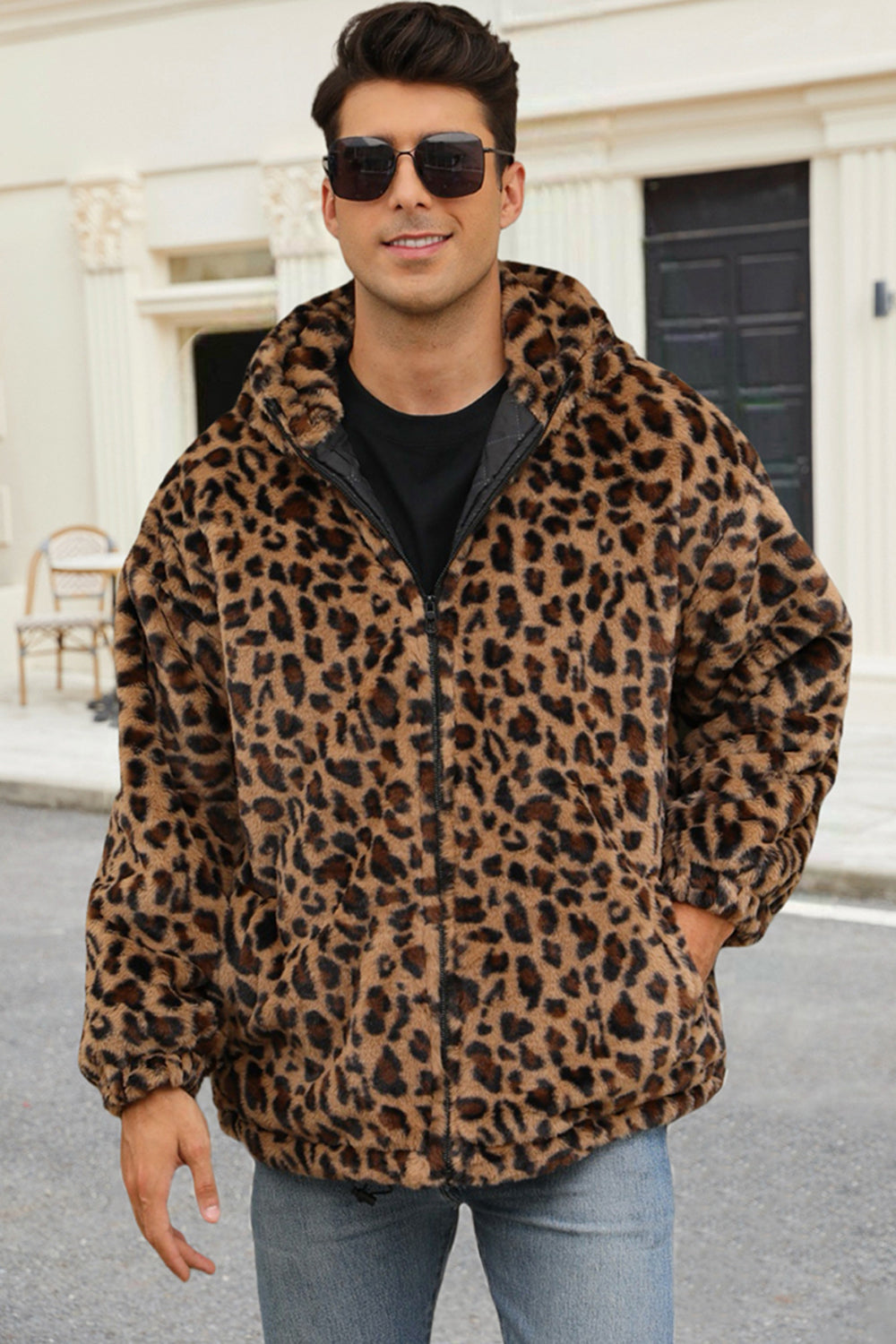 Coffee Leopard Faux Fur Men's Winter Coat with Pockets
