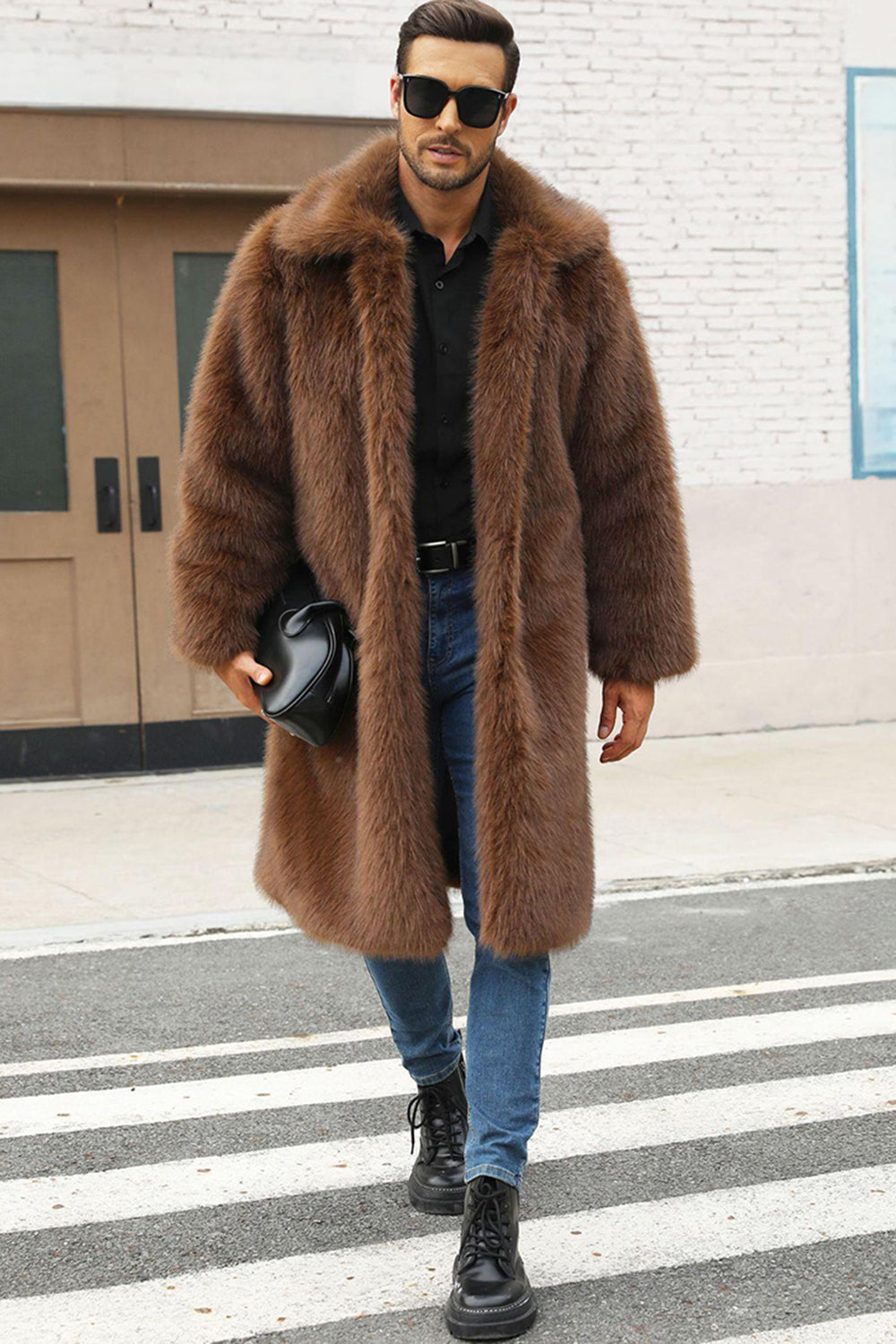 Brown Fluffy Faux Fur Lapel Collar Long Winter Men's Coat