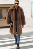 Brown Fluffy Faux Fur Lapel Collar Long Winter Men's Coat