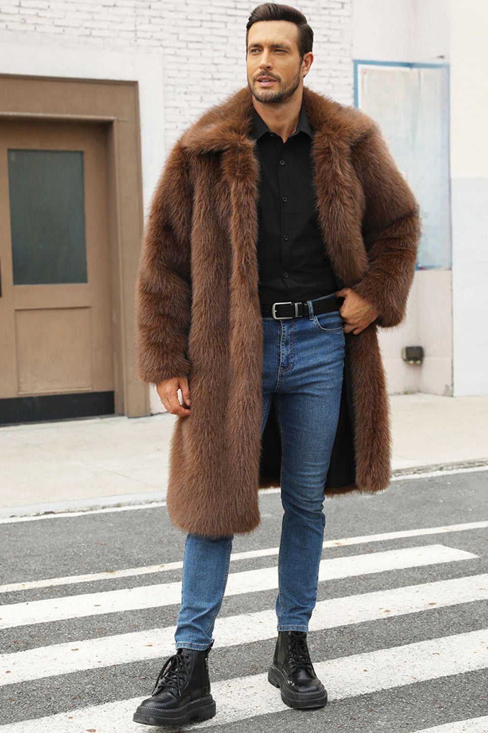Brown Fluffy Faux Fur Lapel Collar Long Winter Men's Coat