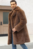 Brown Faux Fur Notched Lapel Long Men's Winter Coat