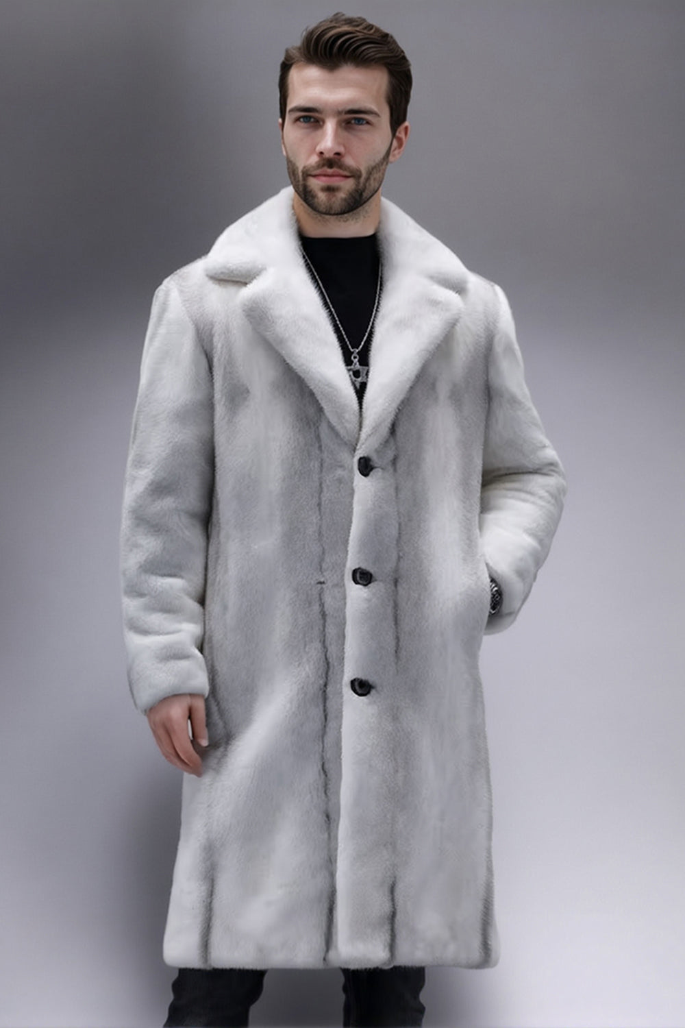 Light Grey Notched Lapel Faux Fur Long Men's Coat
