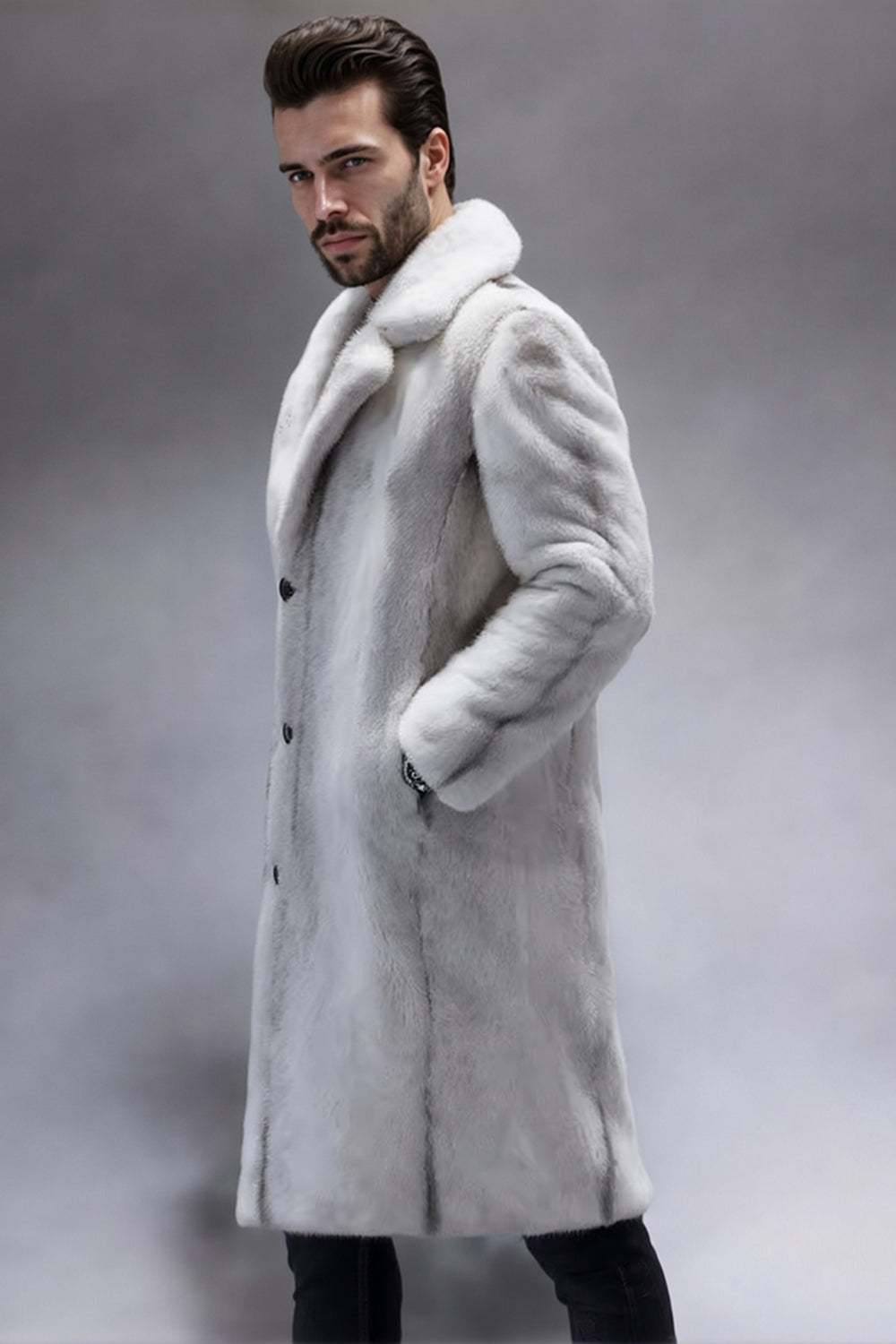 Light Grey Notched Lapel Faux Fur Long Men's Coat