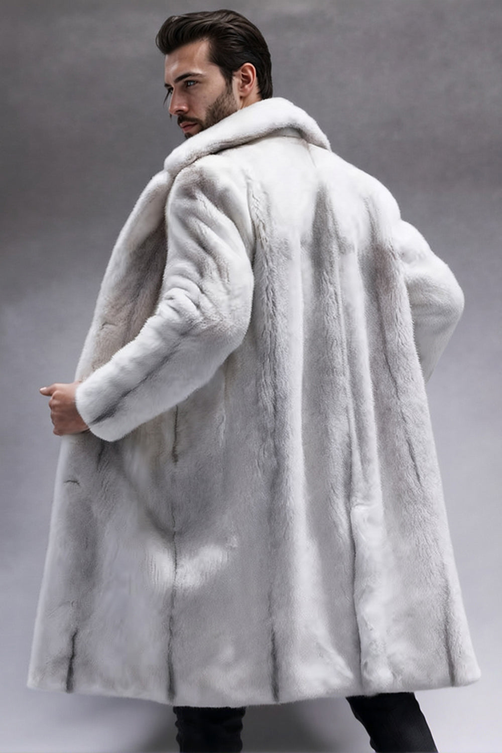 Light Grey Notched Lapel Faux Fur Long Men's Coat