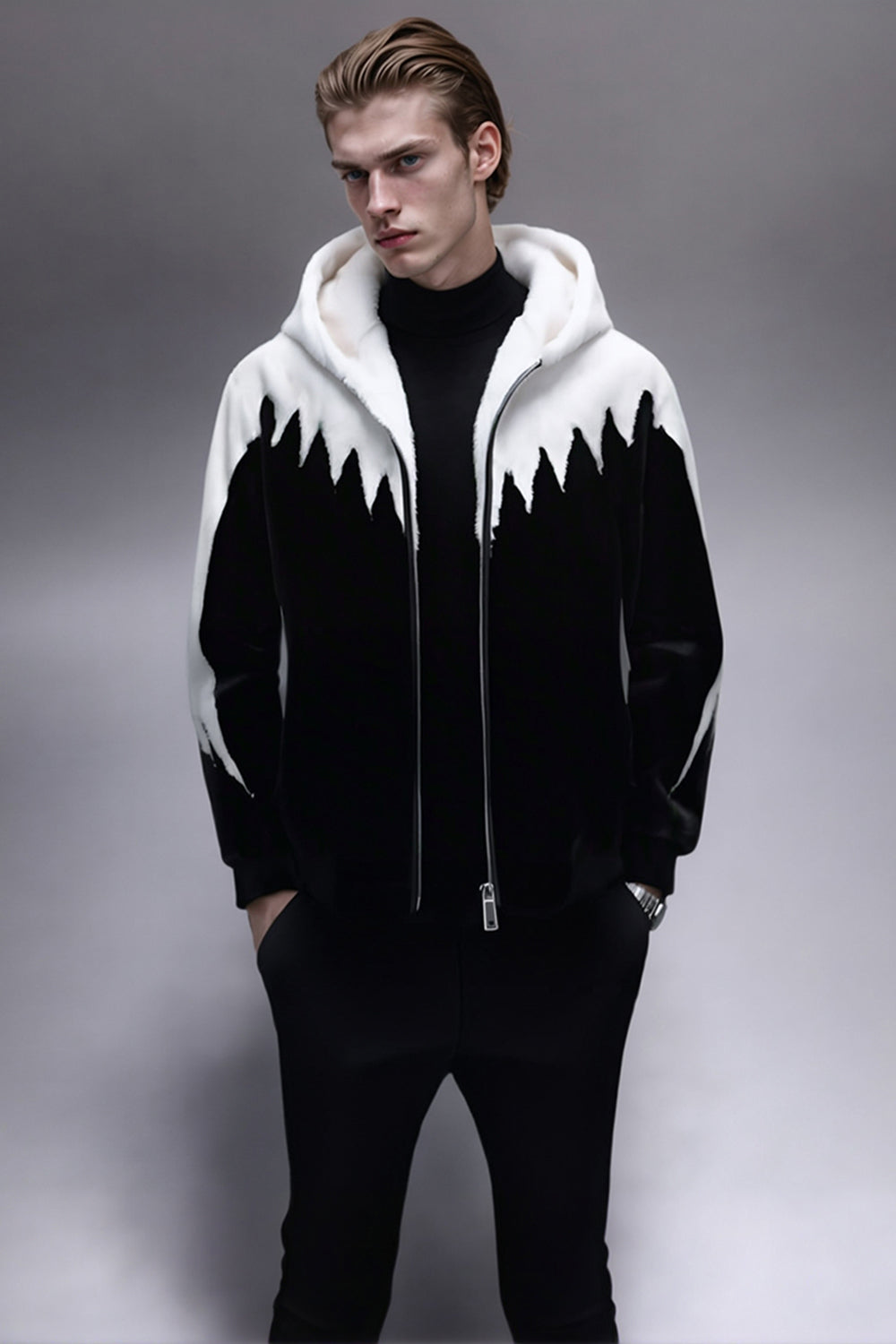 Black and White Faux Fur Zip-Up Hooded Men's Winter Coat