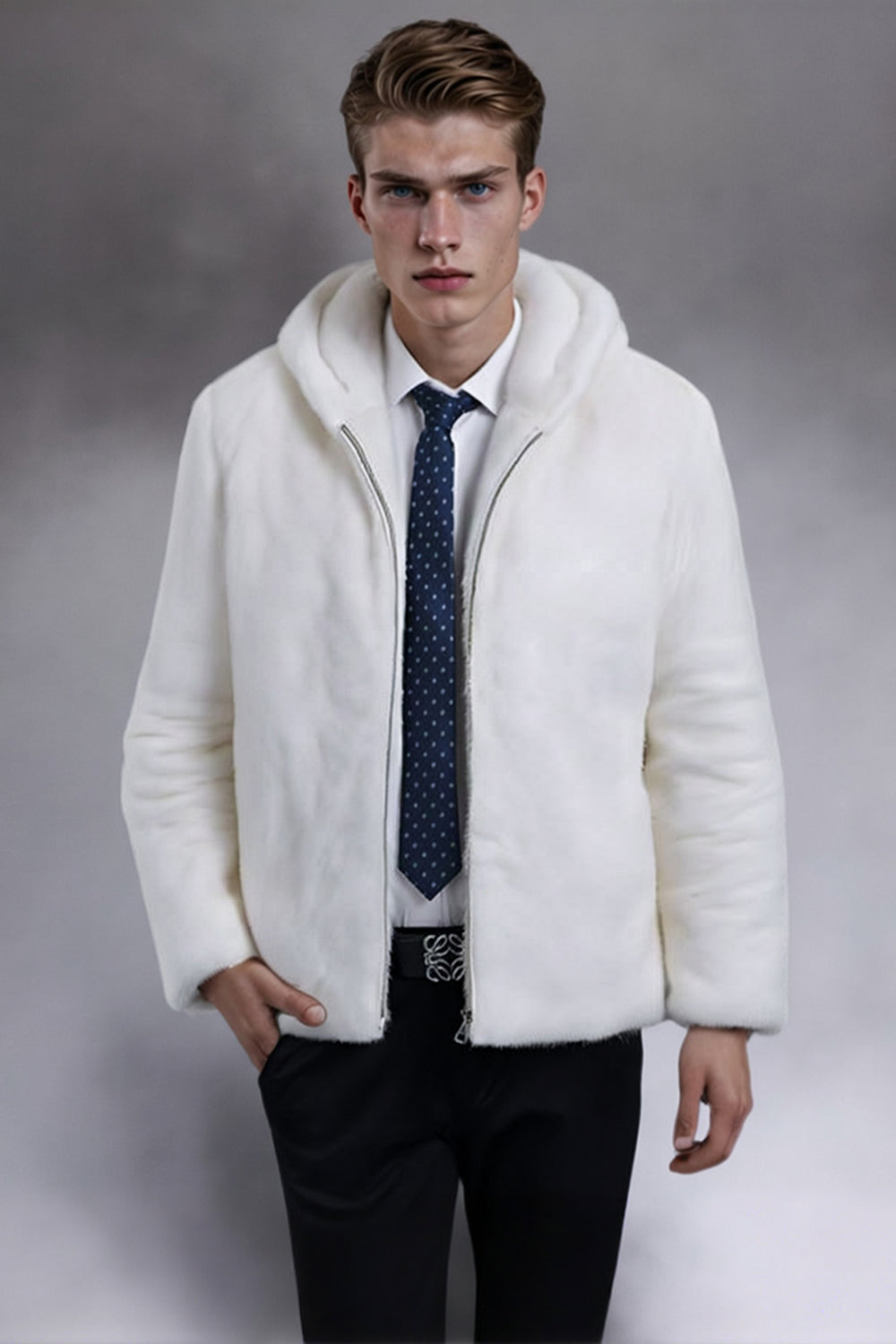 White Thick Hooded Faux Fur Men's Coat