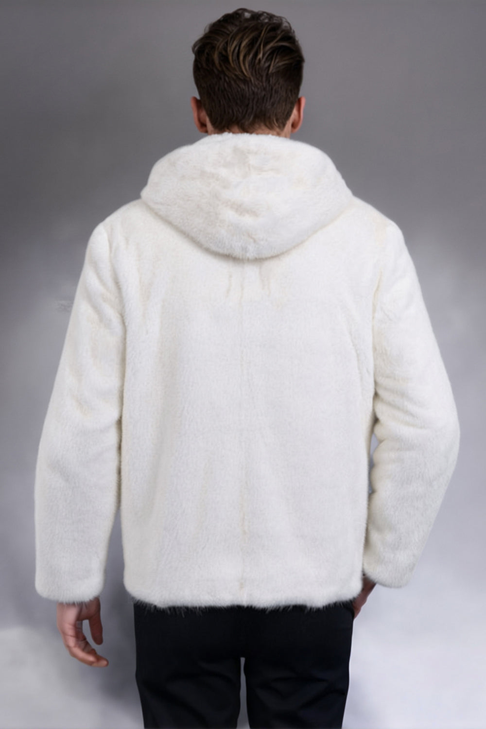 White Thick Hooded Faux Fur Men's Coat