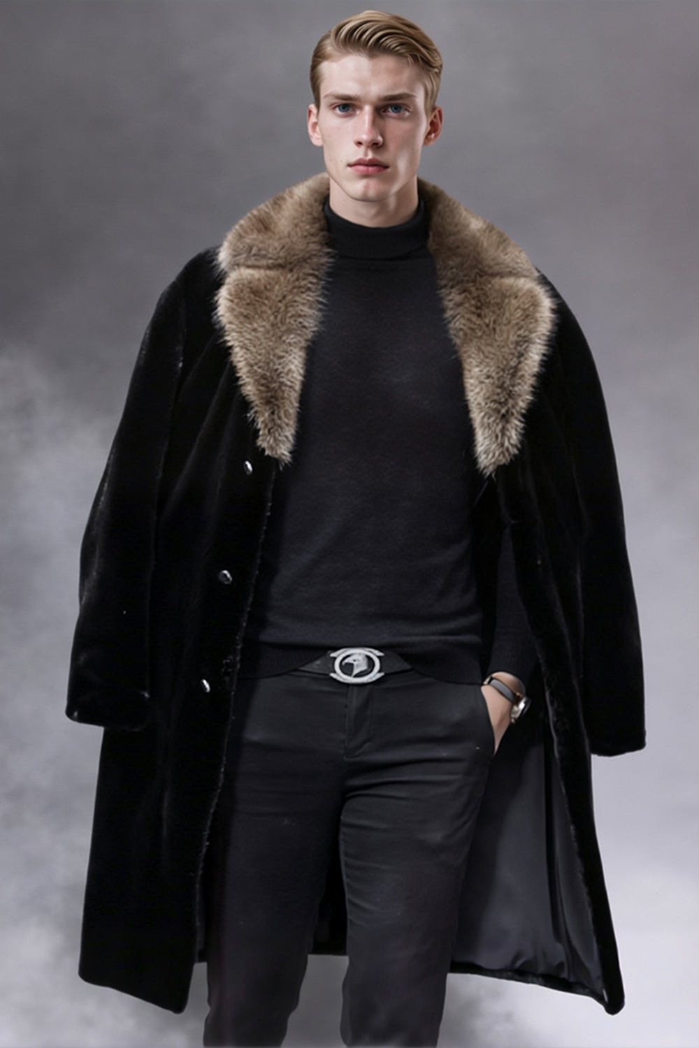 Black Thick Faux Fur Long Men's Winter Coat