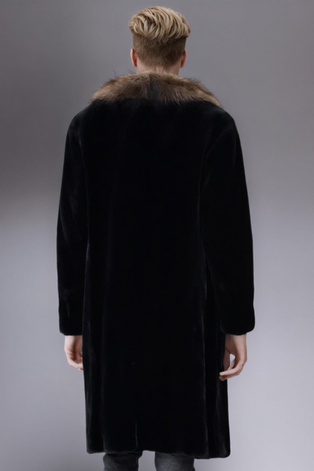 Black Thick Faux Fur Long Men's Winter Coat