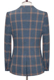 Blue Notched Lapel Slim Fit Plaid Men Suits