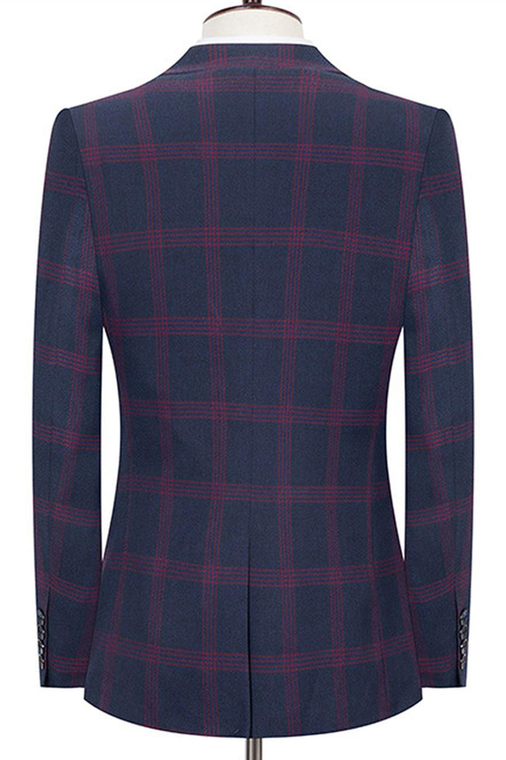 Blue Notched Lapel Slim Fit Plaid Men Suits