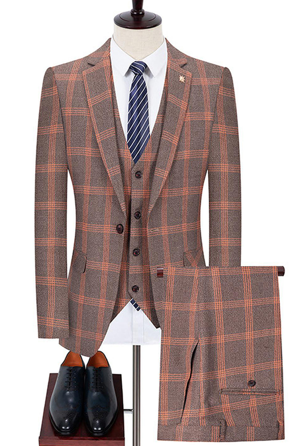 Blue Notched Lapel Slim Fit Plaid Men Suits