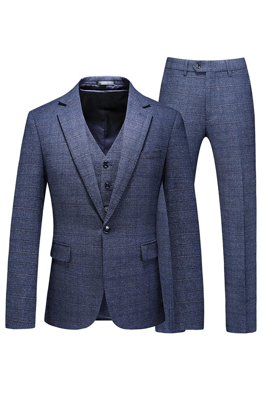 Men's Dark Blue Plaid Notched Lapel 3 Pieces Prom Suits