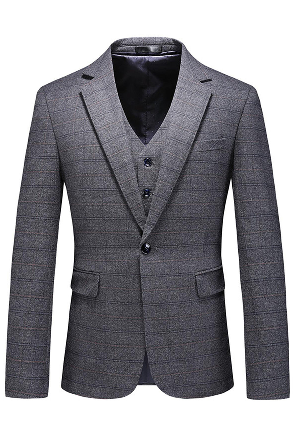 Men's Dark Blue Plaid Notched Lapel 3 Pieces Prom Suits