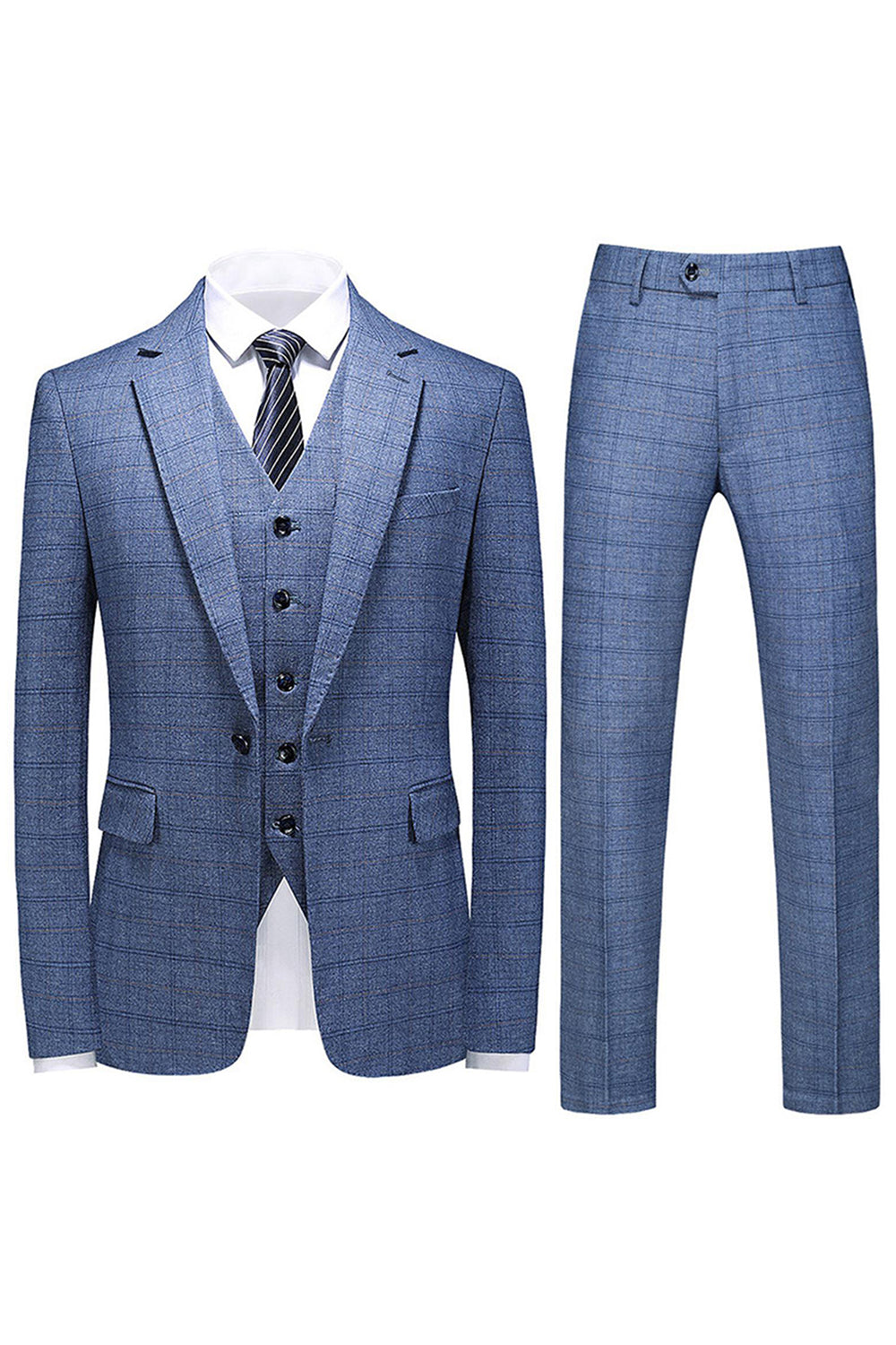 Men's Dark Blue Plaid Notched Lapel 3 Pieces Prom Suits