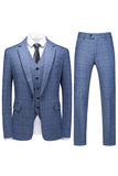 Men's Dark Blue Plaid Notched Lapel 3 Pieces Prom Suits