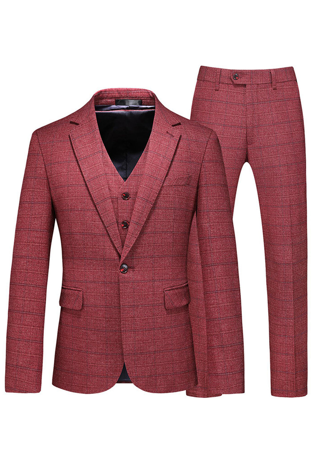 Men's Dark Blue Plaid Notched Lapel 3 Pieces Prom Suits