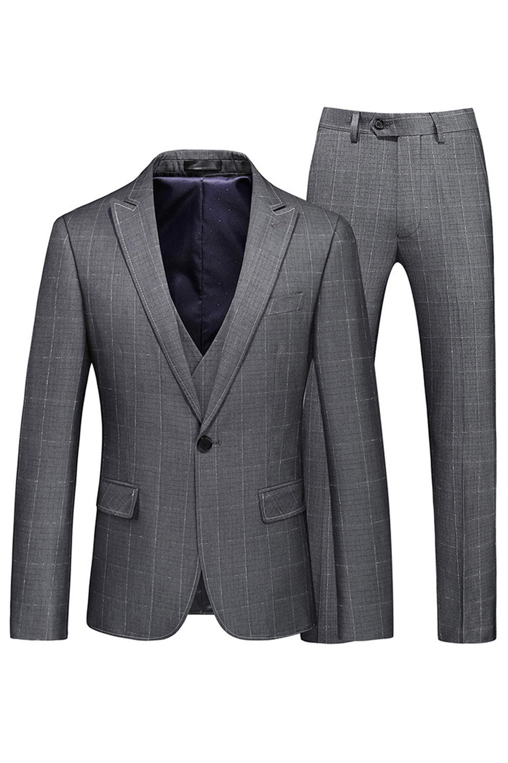 Men's Grey Plaid Peak Lapel 3 Pieces Formal Suits