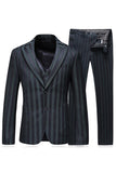 Men's Grey Green Striped Peaked Lapel 3 Pieces Prom Suits