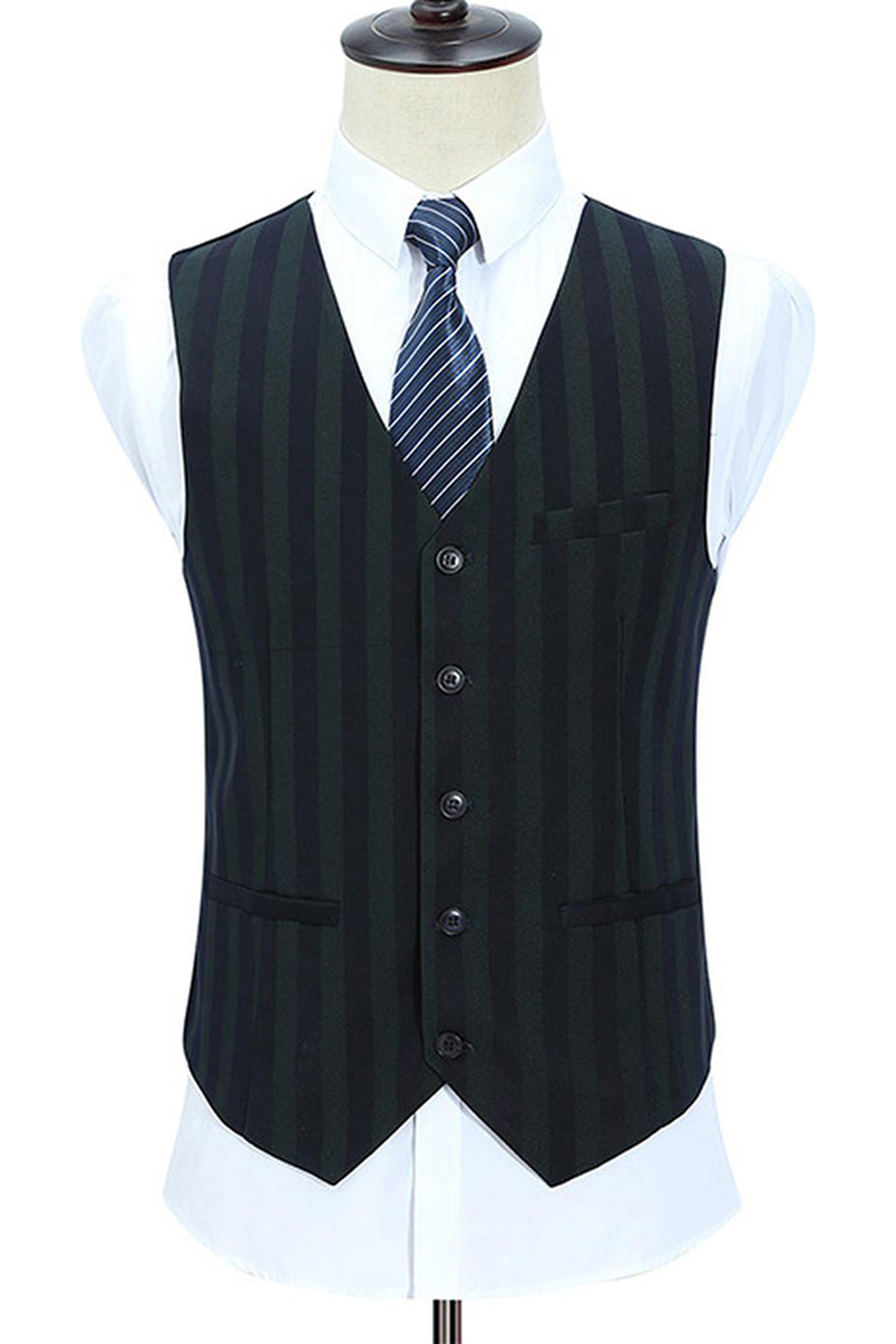 Men's Grey Green Striped Peaked Lapel 3 Pieces Prom Suits